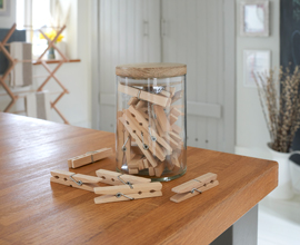 Wooden clothes pegs in cotton bag. Sold in packs of 50