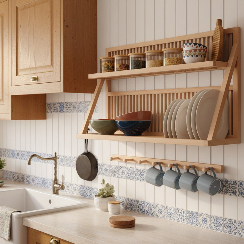 Wall Mounted Plate Rack Kitchen Storage Rack Pulley Maid
