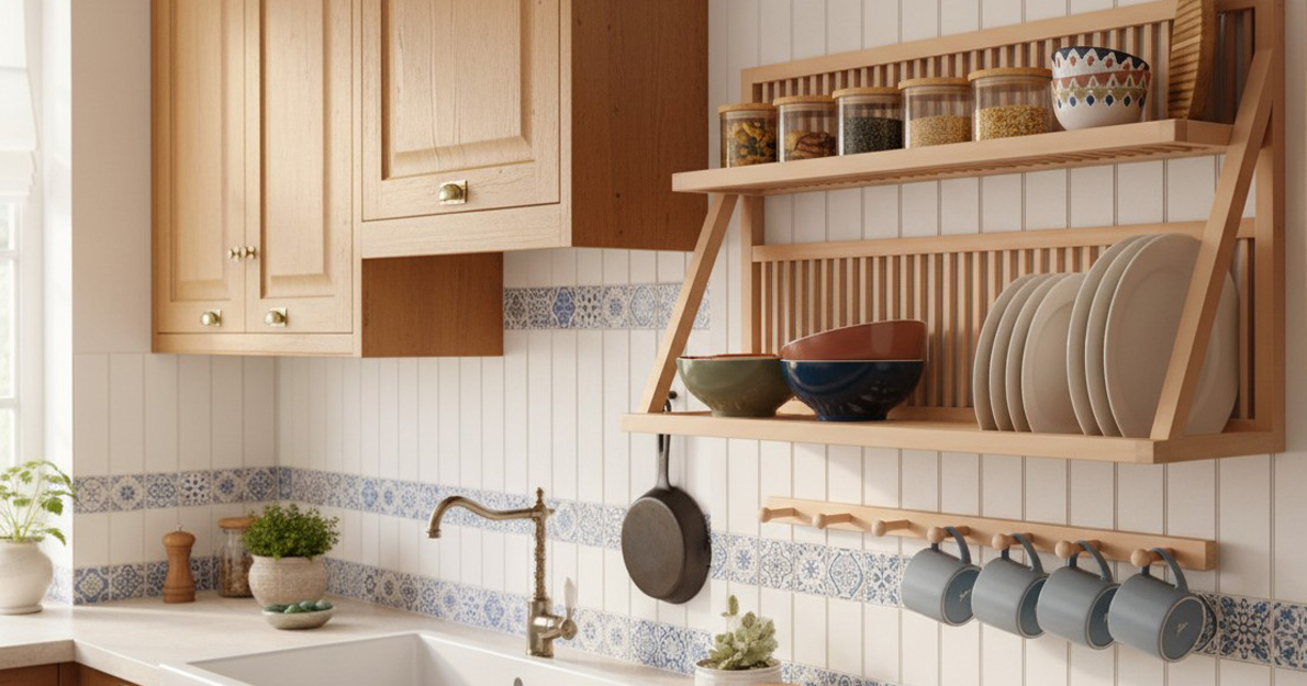 Our handmade plate rack sat on a count top  next to the kitchen sink. Plates  and cups are being stored waiting to dry.