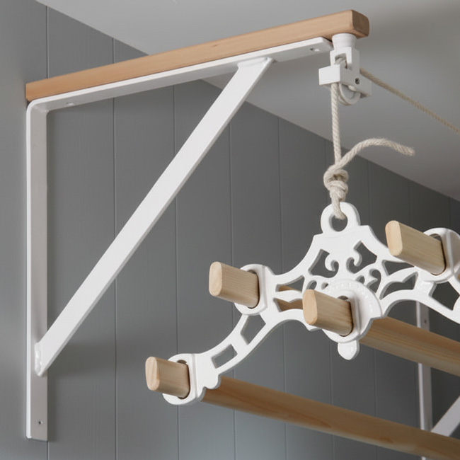 A clothes airer wall bracket is attached to a grey wall, with a ceiling airer hanging from the pulley. This shows an alternative method of installing the airer as opposed to mounting it from the ceiling.