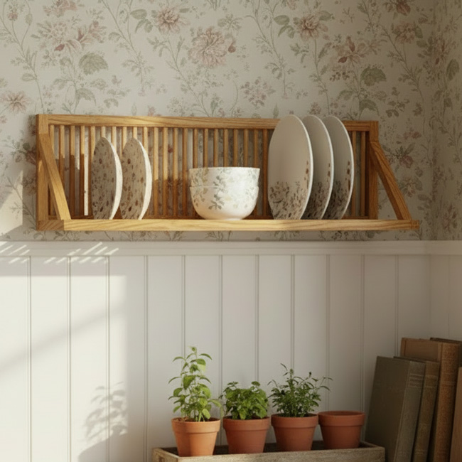 The kitchen plate shelf hung on a wall in the kitchen